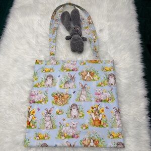 Handmade "Easter Animals" Fabric Tote Bag with Handmade Crochet Bunny